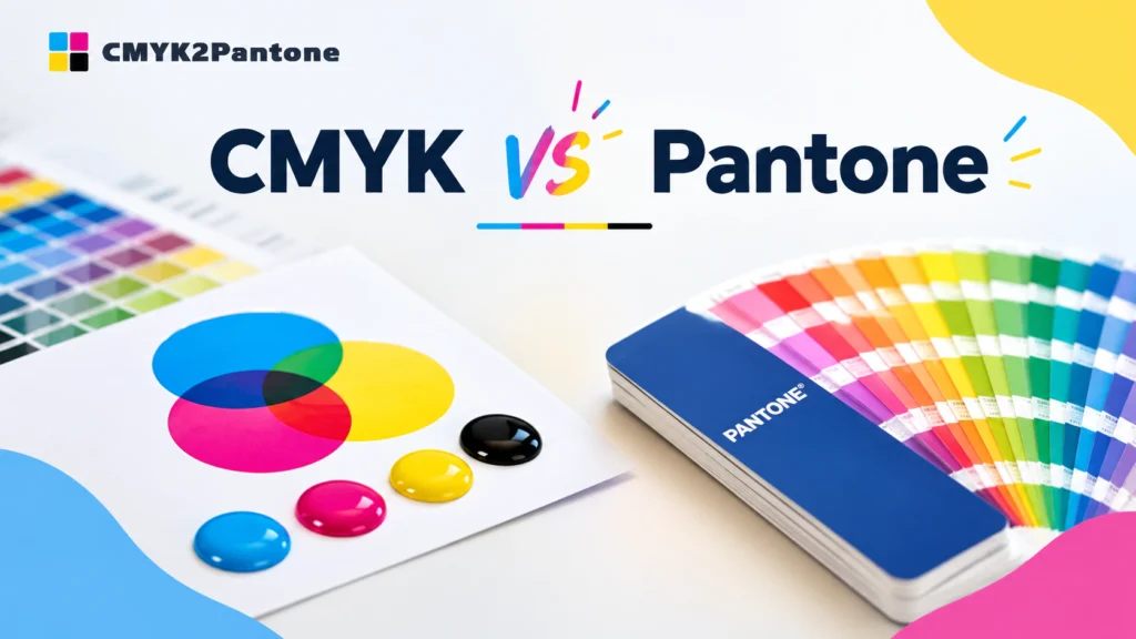 CMYK vs Pantone colour comparison showing CMYK ink colours and a Pantone colour swatch guide for print design.